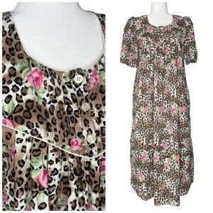1980s Vintage Barbizon S Animal Print Floral Nightgown Muumuu House Dress Cotton